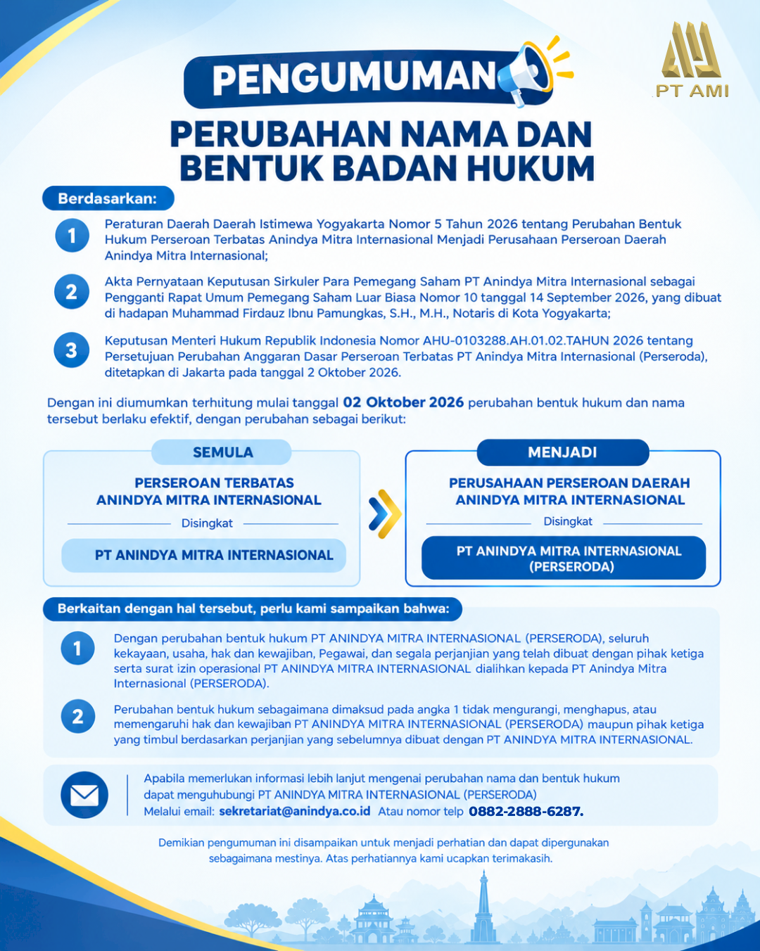 PENGUMUMAN PERUBAHAN NAMA DAN BENTUK BADAN HUKUM